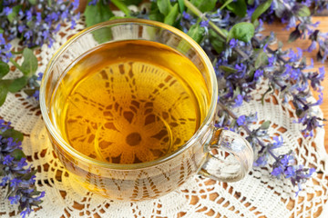 A cup of blue bugle tea with fresh plant