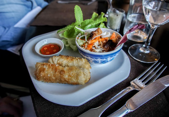 delicious mixed dish of fried spring roll, serve with salad
