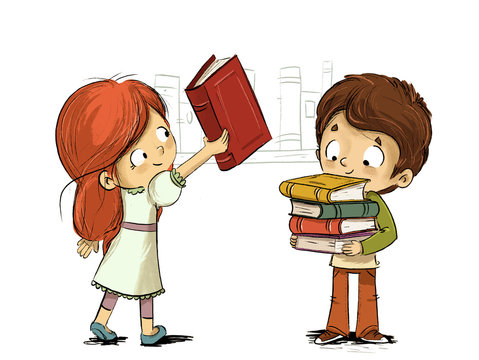 Ni&ntilde;os con libros en una biblioteca