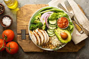 Healthy lunch bowl with grilled chicken
