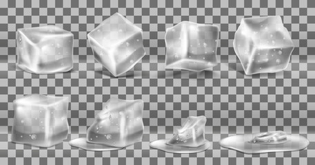 Vector realistic set of cold solid ice cubes, melting process of icy blocks with drops and water puddles, isolated on transparent background. Decorative elements for advertising of refreshing drinks - obrazy, fototapety, plakaty