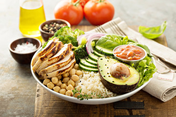 Healthy lunch bowl with grilled chicken