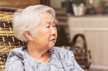 Portrait of a retired old woman seated with a concerned or sad expression. Japanese descendant, aligned to the left.