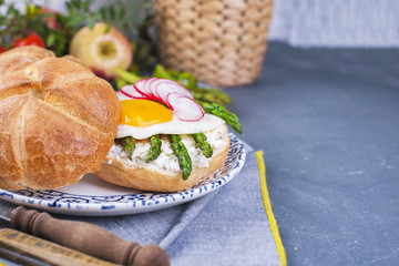 Fresh bread for breakfast, with egg, salad, asparagus, soft cheese, radish. Healthy food  . Place for text.