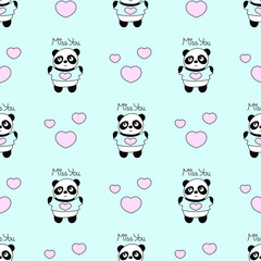 Seamless baby pattern with cute pandas and hearts. Best Choice for cards, invitations, printing, party packs, blog backgrounds, paper craft, party invitations, digital scrapbooking.