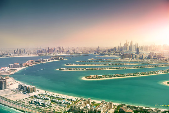 Dubai skyline from Palm Island, United Arab Emirates