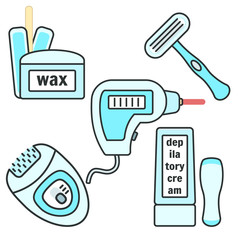 Cute cartoon blue depilation and epilation hair removal instruments set. Wax, laser, cream, razor, epilator tools for female delicate body care