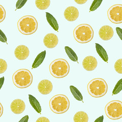 Seamless pattern with a picture of lemon, lime and mint.