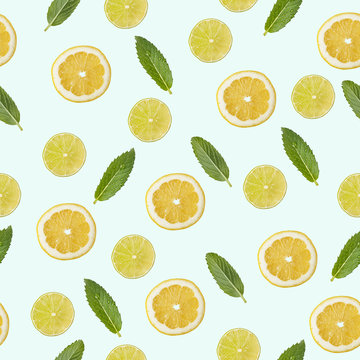Seamless pattern with a picture of lemon, lime and mint.