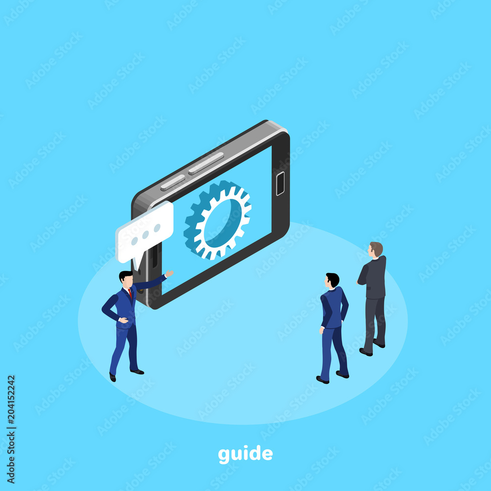 Poster a man in a business suit conducting a lecture on the background of a smartphone, an isometric image