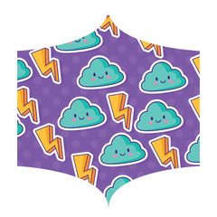 decorative frame with lightning and kawaii clouds pattern over white background, colorful design. vector illustration