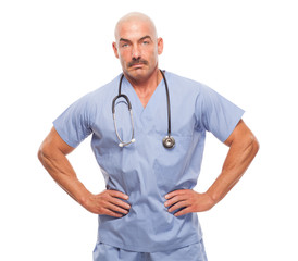 Doctor in scrubs on white background.