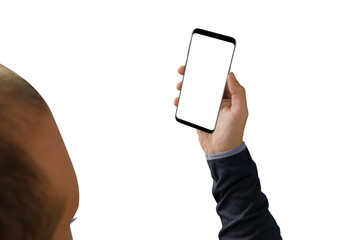 Black smartphone with an isolated white screen for website or product mock-up presentation. White background