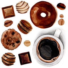 Watercolor illustration of chocolate dessert set with coffee mug. Espresso cup with macaroon, cookie sweets, bars, coffee beans and donut