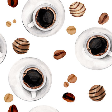 Watercolor illustration of porcelain coffee cup and plate pattern with brown coffee beans and sweet chocolate desserts and stains isolated on white background