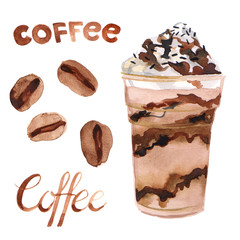 Cream latte coffee plastic cup to go isolated watercolor illustration with coffee beans and lettering set