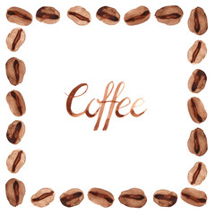 Watercolor illustration of brown coffee beans set shaped on frame with hand written calligraphic coffee letters	