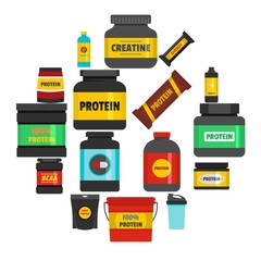 Protein sport nutrition containers icons set. Flat illustration of 16 train toy children vector icons for web