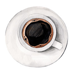 Watercolor illustrated hot coffee in a white porcelain cup from above top view - 204154840