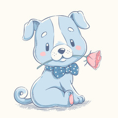 Cute puppy with a flower cartoon hand drawn vector illustration. Can be used for t-shirt print, kids wear fashion design, baby shower celebration greeting and invitation card.