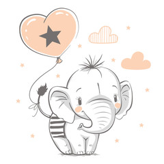 Naklejka premium Słodki słoń z balonem kreskówka ręcznie rysowane ilustracji wektorowych. Może być stosowany do nadruków na koszulkach, projektowania mody dla dzieci, powitania z okazji urodzin baby shower i karty z zaproszeniem.