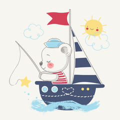 Cute bear sailor on the ship cartoon hand drawn vector illustration. Can be used for t-shirt print, kids wear fashion design, baby shower celebration greeting and invitation card.