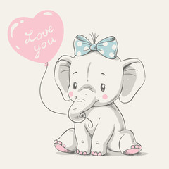 Cute elephant with balloon hand drawn vector illustration. Can be used for t-shirt print, kids wear fashion design, baby shower greeting and invitation card. - obrazy, fototapety, plakaty
