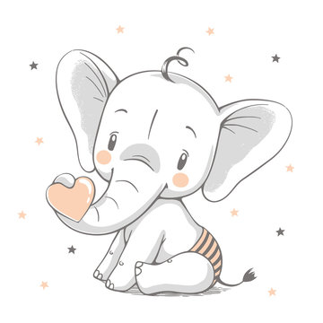Cute elephant cartoon hand drawn vector illustration. Can be used for  t-shirt print, kids wear fashion design, baby shower celebration greeting and invitation card.