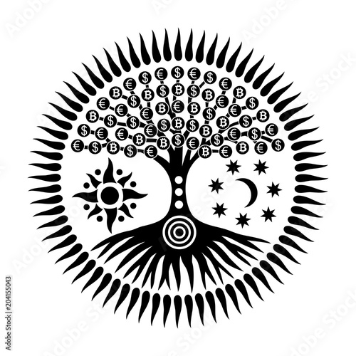 “Money tree with symbolic coins: dollar, bitcoin, euro. Mandala of