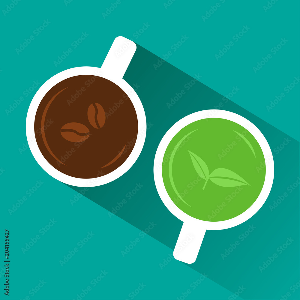 Wall mural coffee vs tea. view from above. white cup of coffee and green tea with shadow on turquoise backgroun