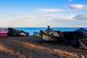 Boat. Old boats on the beach of Estepona. Malaga province, Andalusia, Spain. Picture taken &ndash; 4 may 2018.