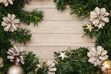 Fototapeta na wymiar Christmas tree background with copy space, top view