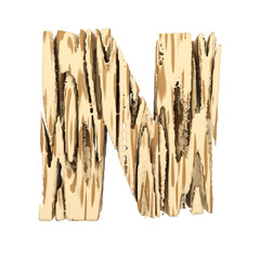 Alphabet letter N uppercase. Wood font made of brown and yellow rough pine. 3D render isolated on white background.
