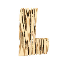 Alphabet letter L uppercase. Wood font made of brown and yellow rough pine. 3D render isolated on white background.