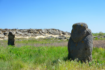 Ancient statue of Polovtsian stone woman or boundary stone in the steppe near the ..archaeological reserve "Stone Tomb" in Zaporizka oblast, Ukraine.