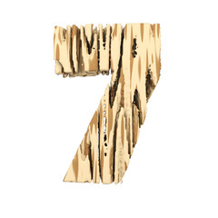 Alphabet number 7. Wood font made of brown and yellow rough pine. 3D render isolated on white background.