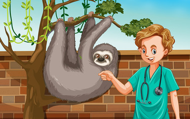 A Male Veterinarian with Sloth at Zoo