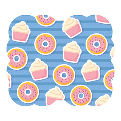 decorative frame with donuts pattern over white background, colorful design. vector illustration