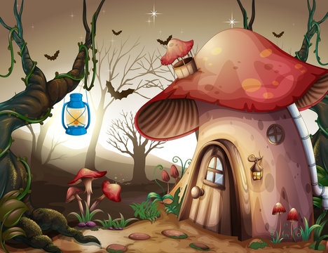 Mushroom House in the Dark Forest
