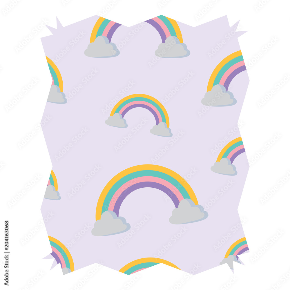 Wall mural abstract frame with rainbow and clouds pattern over white background, vector illustration