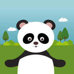 Obraz premium cute panda bear in the field landscape character vector illustration design