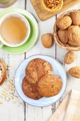 Handmade chocolate cookies on wooden table