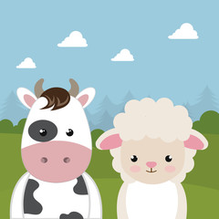 cute sheep and cow in the field landscape characters vector illustration design