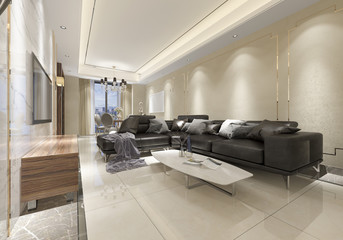 3d rendering luxury and modern living room and dining room