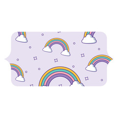 banner with rainbow and clouds pattern over white background, vector illustration