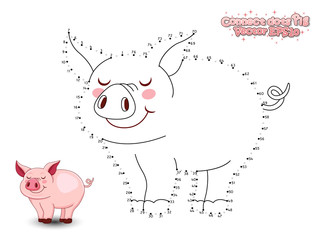 Connect The Dots Draw Cute Cartoon Pig and Color. Educational Game for Kids. Vector Illustration