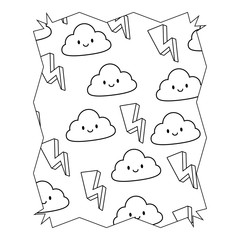 abstract frame with lightning and kawaii clouds pattern over white background, vector illustration