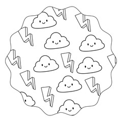 circular frame with lightning and kawaii clouds pattern over white background, vector illustration