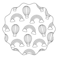 circular frame of hot air balloon and rainbow pattern over white background, vector illustration