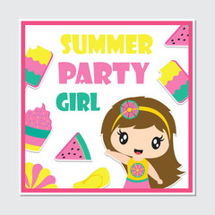 Cute beach girl and summer elements frame vector cartoon illustration for birthday card design, postcard, and wallpaper